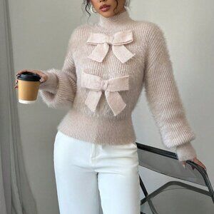 Apricot Casual Women's Stand Collar Bow Decor Sweater